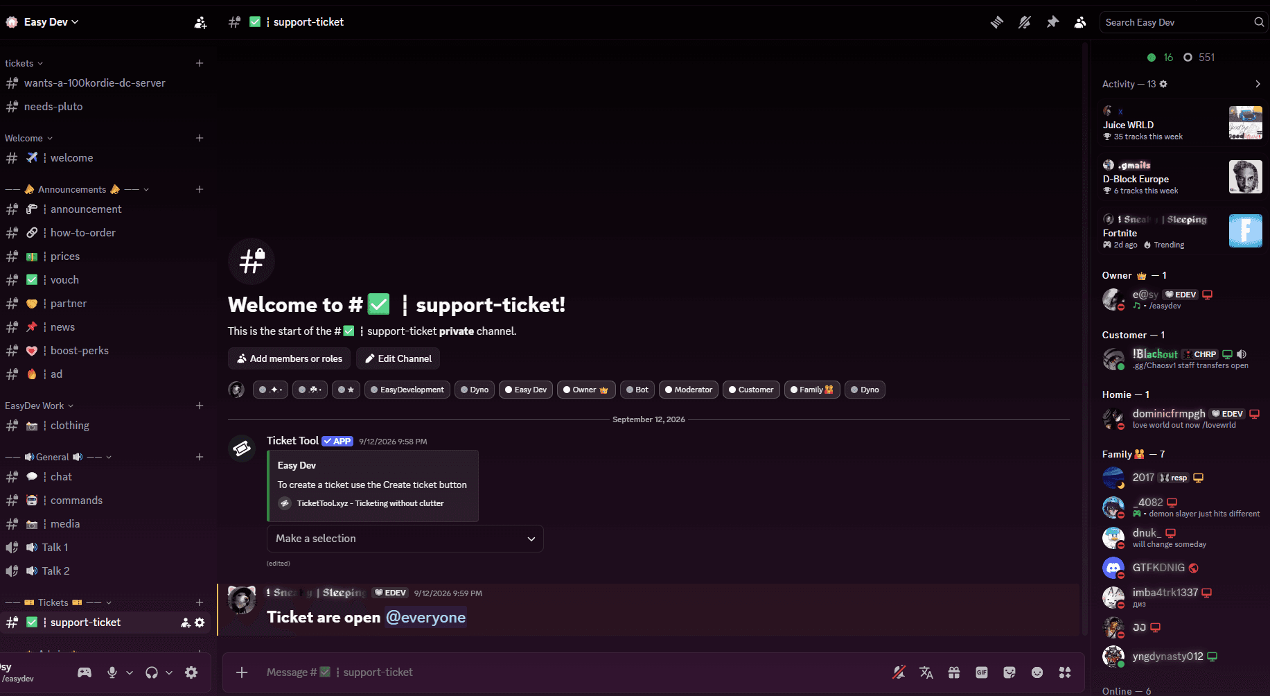 Easy Dev Discord server support ticket channel