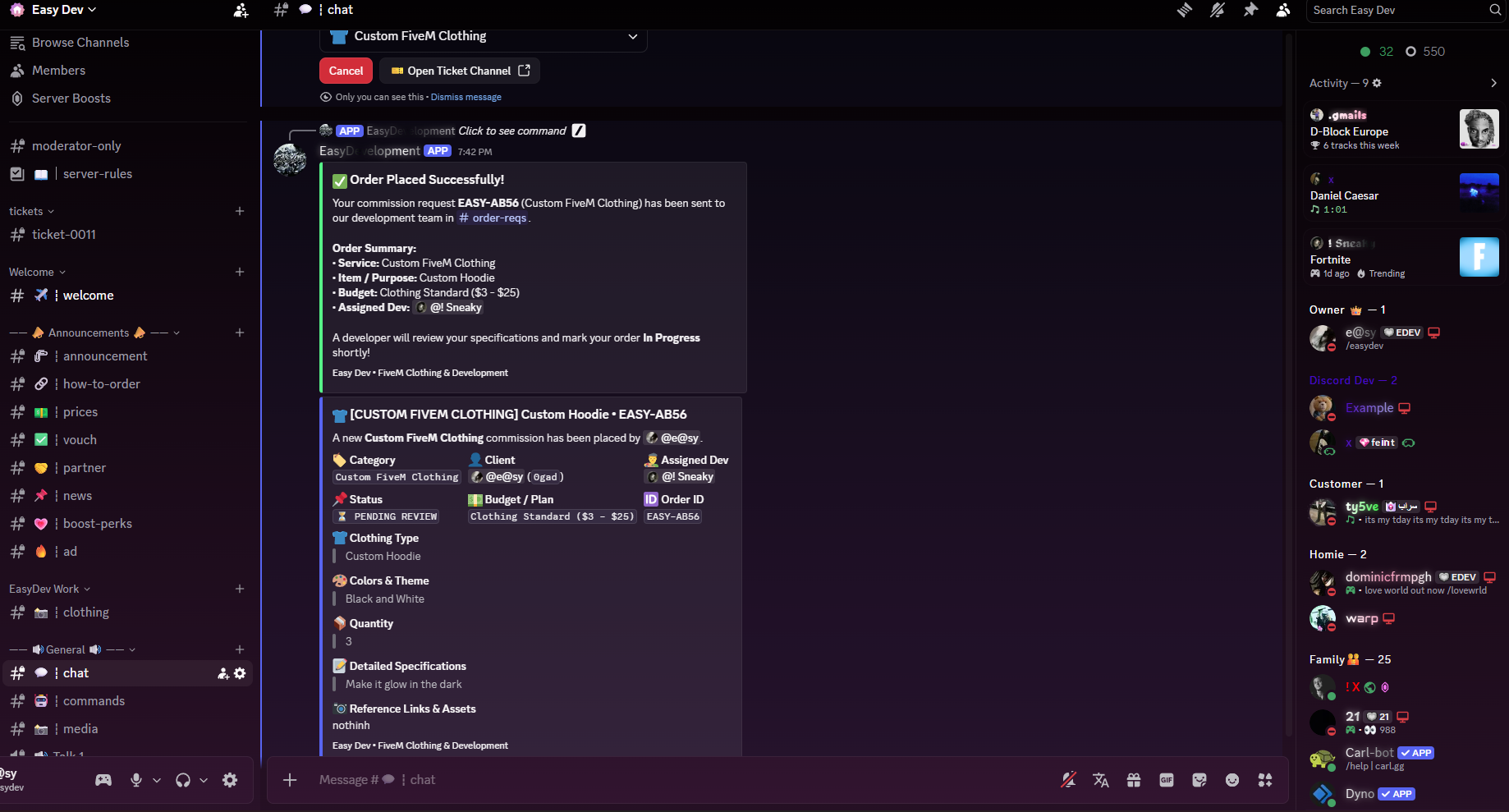 Easy Dev bot processing a custom clothing order